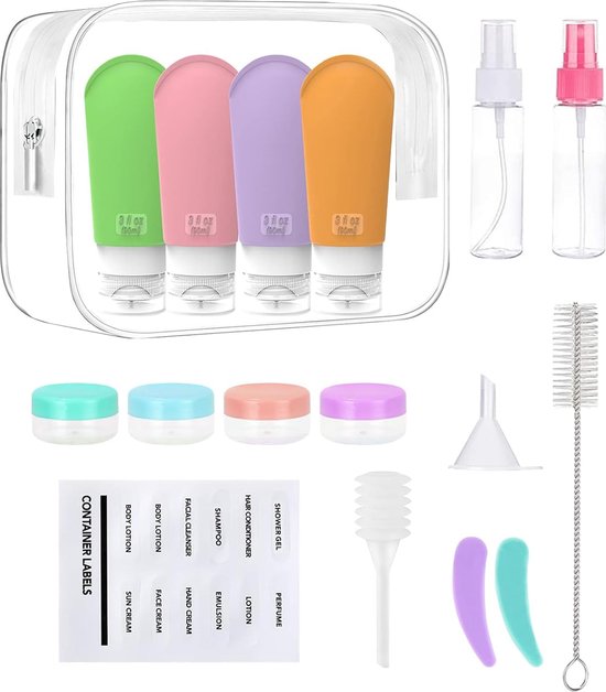 17 stuks siliconen reisflessen, 90 ml, lekvrij, navulbare draagbare reiscontainer, reisset met siliconen reisflessen, draagbare reiscontainer, voor shampoo, lotion, spoeling, douchegel van Boic﻿

