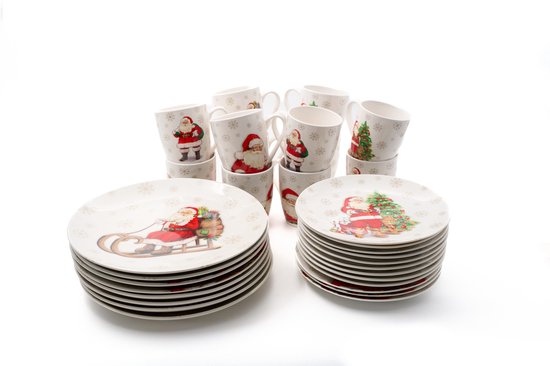 18-delig Kerstservies voor 6 Personen - Ontbijtborden Ø 20,5 cm - Dinerborden Ø 26,5 cm - Mokken 340 ml