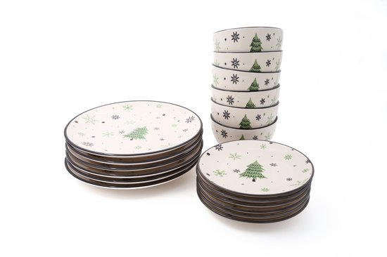 18-delig Kerstservies voor 6 Personen – Porselein – Dinerborden, Ontbijtborden & Kommen – Kerstboom Design