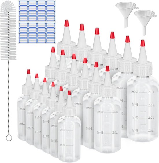 18-delige set knijpflessen voor koken en sauzen - 30 ml/60 ml/120 ml - spuitflessen met rode punten - inclusief trechters, etiketten en borstels