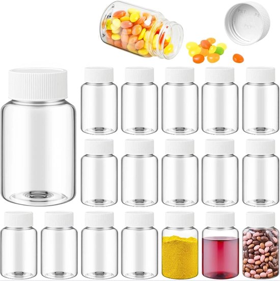 18 Stuks Transparante Pillenflesjes - 80ml Herbruikbare PET Flessen met Deksel voor Sap - Lege Containers voor Vloeistof Poeder en Tabletten