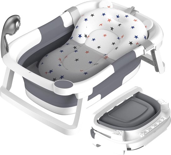 1st Opvouwbare babybadje, onmisbaar babybadaccessoire, draagbare badkuip voor pasgeborenen tot peuters met antislipmat en afvoergat. (geen thermometer) (grijs + babybadmat) van Luvion
