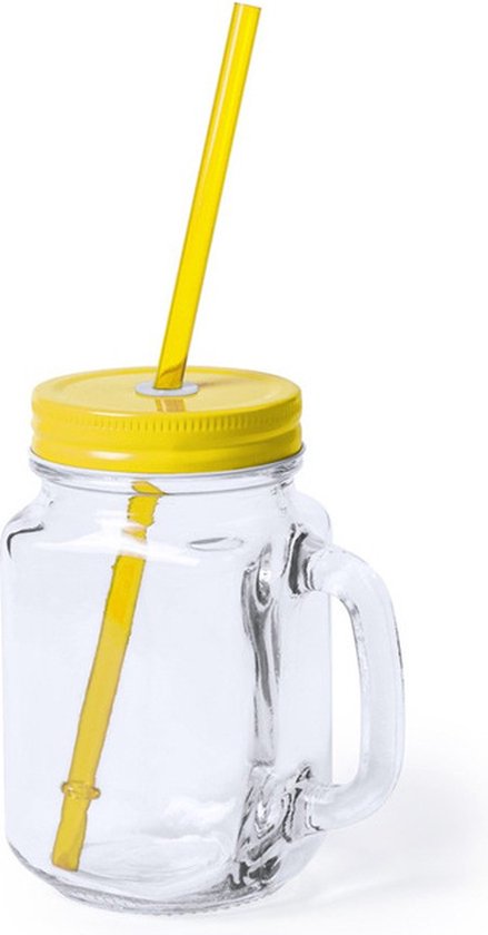 1x stuks Glazen Mason Jar drinkbekers gele dop en rietje 500 ml - afsluitbaar/niet lekken/fruit shakes van Nuptio
