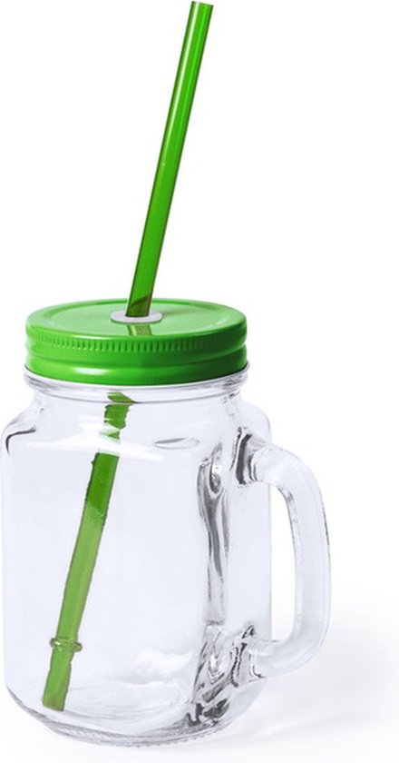 1x stuks Glazen Mason Jar drinkbekers groene dop en rietje 500 ml - afsluitbaar/niet lekken/fruit shakes van Robin Goods.