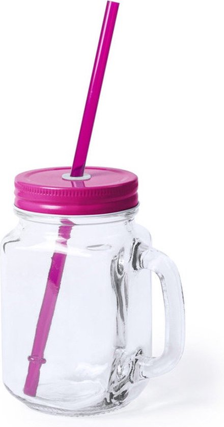 1x stuks Glazen Mason Jar drinkbekers roze dop en rietje 500 ml - afsluitbaar/niet lekken/fruit shakes van Yallys