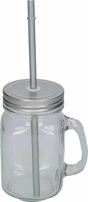 1x stuks Glazen Mason Jar drinkbekers zilvergrijze dop en rietje 500 ml - afsluitbaar/niet lekken/fruit shakes van Overmanns