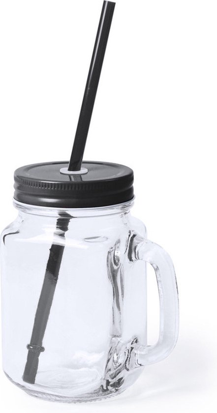 1x stuks Glazen Mason Jar drinkbekers zwarte dop en rietje 500 ml - afsluitbaar/niet lekken/fruit shakes van Family Goods