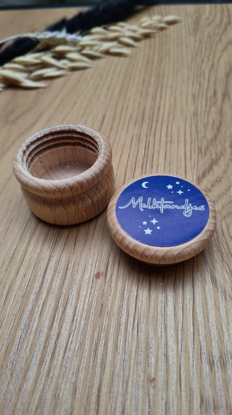 1x Tanden Bewaarpotje - Houten Bewaardoosje | melktandjes | tandendoosje | opdruk: sticker Donker Blauw | bewaarpotje | tandenpotje van Decopatent