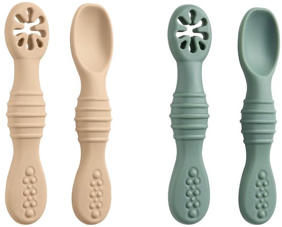 2-Delig - Siliconen Baby Lepels - Lepelset Peuterbestek – Kinderbestek - Lepeltjes - Groen & Beige - Zachte Eerste Lepels - BPA-Vrij - Ergonomische Grip - Anti-Verslik Ontwerp van Merkloos