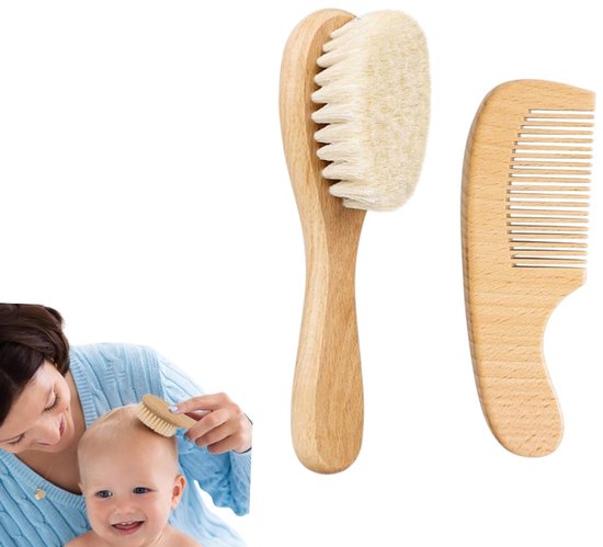 2-delige babyshampooborstel en kam - Zachte wol - Houten babyshampooborstelset - Geschikt voor het baden van baby's - Houtkleur 15/9,5 cm