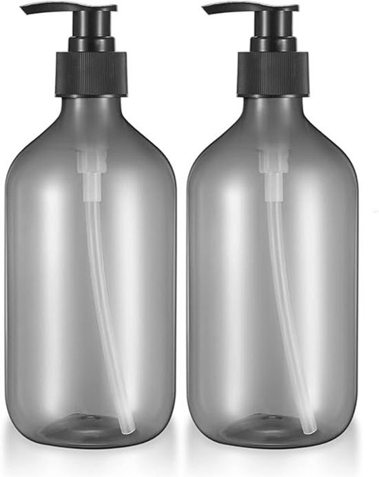 2-delige grijze navulbare zeepdispensers van 500 ml – Lege plastic pompflessen voor zeep, shampoo, lotion en douchegel voor thuis en onderweg