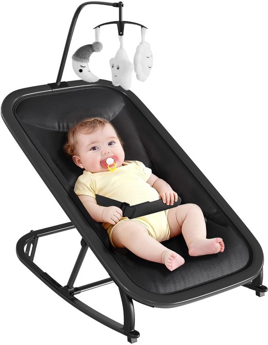 2-in-1 Baby Wipstoeltje met Speelboog - Schommelstoel Baby - 3 Standen Verstelbaar - 0 tot 12 Maanden (Max. 12 kg) - Zwart
