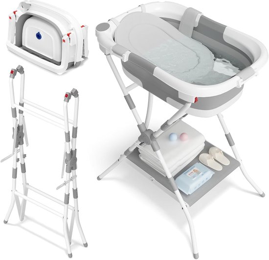 2-in-1 babybad met standaard, opvouwbare badkuip met steunnet voor baby's en peuters, multifunctioneel ontwerp, ruimtebesparend en praktisch in gebruik, grijs van Merkloos