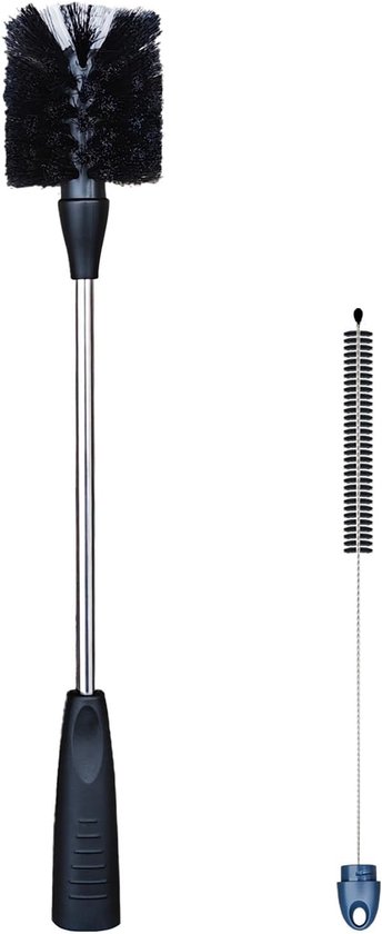 2-in-1 Flessenborstel Set - Flessenborstel - Schoonmaakborstel - Flessenrager - Lange Steel - Voor Waterfles Sportbeker Koffiekop Glaswerk - Zwart van Merkloos