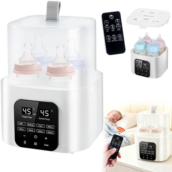 2-in-1 flessenwarmer en sterilisator - Multifunctionele flessenwarmer met grote capaciteit - Met digitaal display en temperatuurregeling - Inclusief afstandsbediening - Europese standaardstekker (220V) - Wit