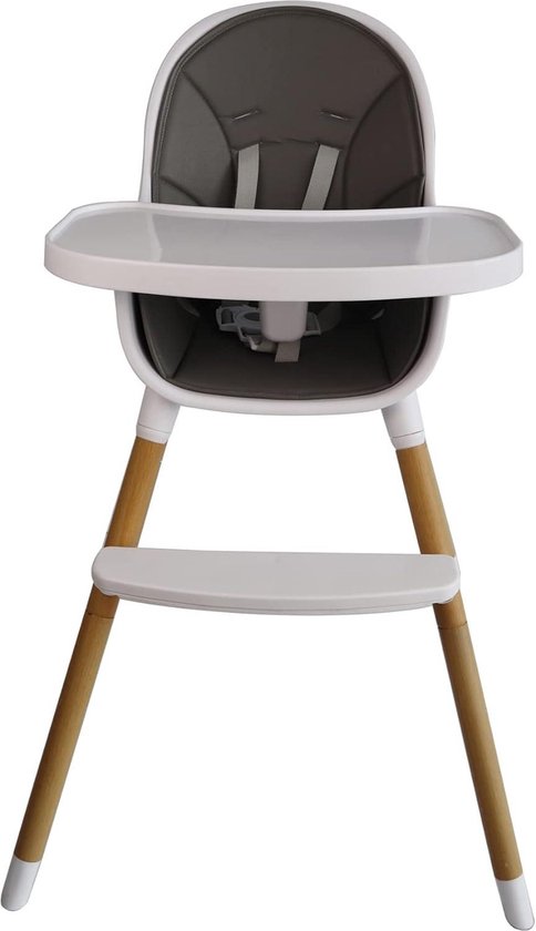 2-in-1 houten kinderstoel met dienblad - babystoel combi-hoge stoel - 5-punts riem - voetensteun - PU-lederen kussen - tot 30 kg van Merkloos