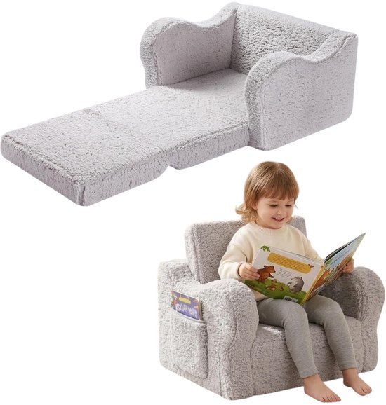 2-in-1 kinderbank - Opvouwbaar - Met afneembare hoes - Zacht en comfortabel - Kan worden omgebouwd tot relaxfauteuil - Grijs