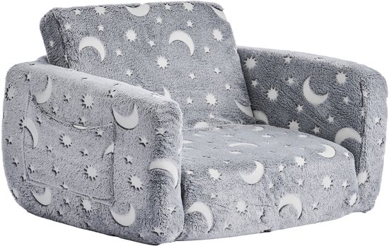 2-In-1 Kinderbank, Opvouwbare Zachte Bank met Armleuningen, Lichtgevend Ontwerp, met 28d-Spons en Flanel, omvormbare Stoel tot Ligstoel om te Lezen en Spelen, Middelgrote Maat, Grijs van Merkloos