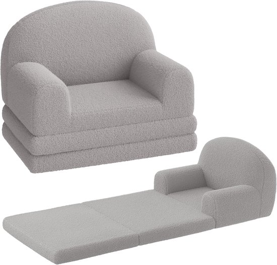2-in-1 kinderverelbank - opvouwbare kinderfauteuil & ligstoel van schuim, zachte sherpa stof, licht & veilig voor kinderkamer - Grijs
