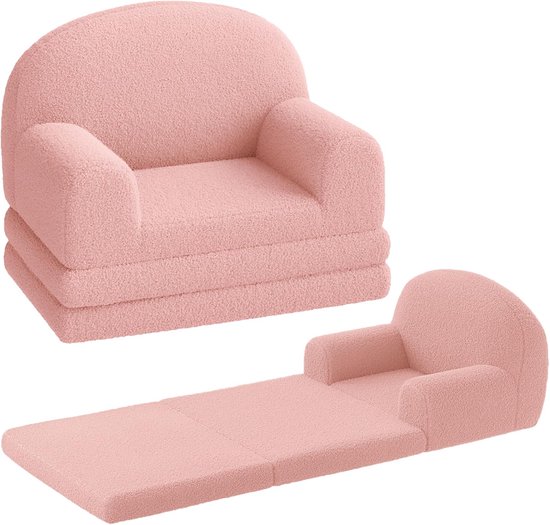 2-in-1 kinderverelbank - opvouwbare kinderfauteuil & ligstoel van schuim, zachte sherpa stof, licht & veilig voor kinderkamer - Roze van Merkloos