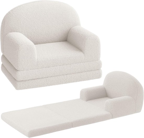 2-in-1 kinderverelbank - opvouwbare kinderfauteuil & ligstoel van schuim, zachte sherpa stof, licht & veilig voor kinderkamer - wit van Merkloos