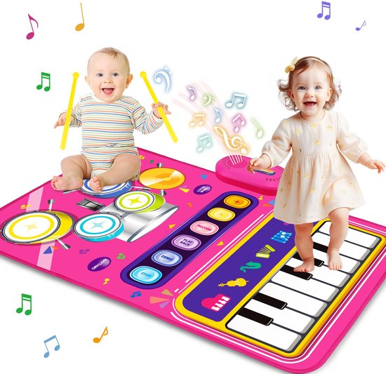2-in-1 Muzikale Piano- & Trommelmat - voor peuters van 1-3 jaar - Educatieve Pianomat voor baby's, leerzaam vloerspeelgoed voor 12-18 maanden - Kerst- of verjaardagscadeau voor jongens en meisjes van 1, 2 en 3 jaar
