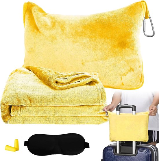 2-in-1 reisdeken - ultralicht veranderingskussen met slaapmasker en oordopjes - geel van The green label