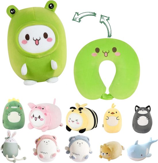 2-in-1 vervormbaar nekkussen voor kinderen - zacht U-vormig kussen - schattige pluche dieren - gezellige slaap- en speelmetgezel - vliegtuigen en reizen - groene kikker van Trunki