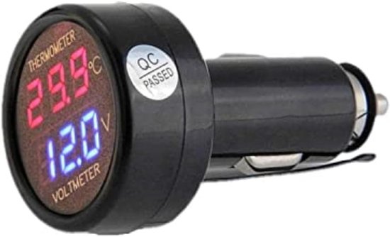 2-in-1 voor Auto – 12V/24V Accu Voltmeter en Temperatuurmeter met LED Display – Autolader Sigarettenaansteker Monitor voor Auto, Truck en Bus