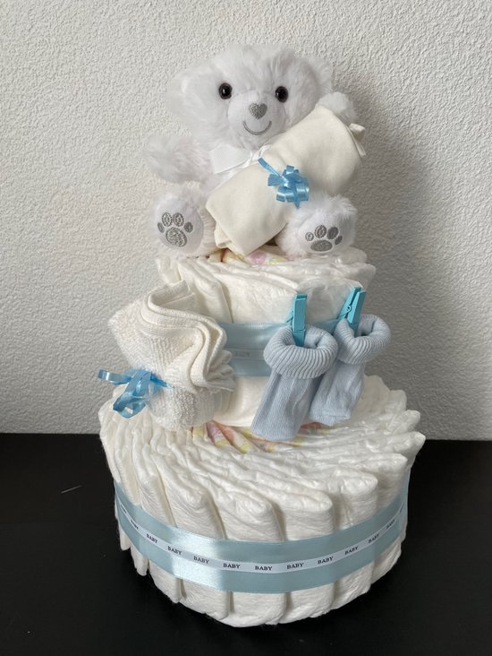 2-Laags Luiertaart Beer Soft Touch Wit/Blauw Jongen van Bambolino Toys