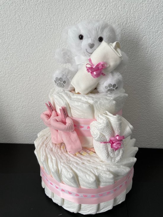 2-Laags Luiertaart Beertje Soft Touch Wit/Roze van Luiertaart