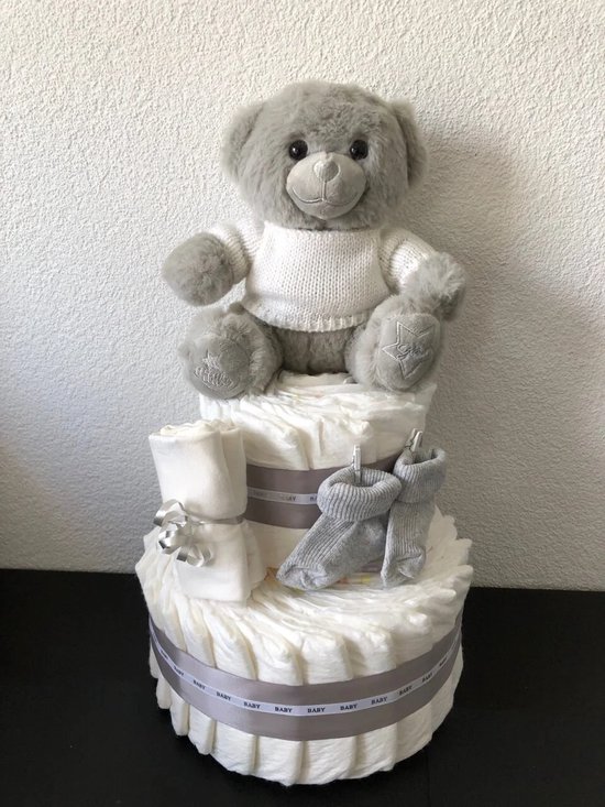 2-Laags Neutrale Luiertaart Beertje Grijs Soft Touch van BamBam