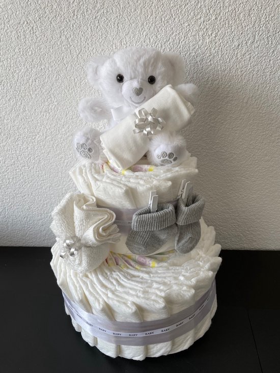 2-Laags Neutrale Luiertaart Beertje Wit Soft Touch van Bam bam