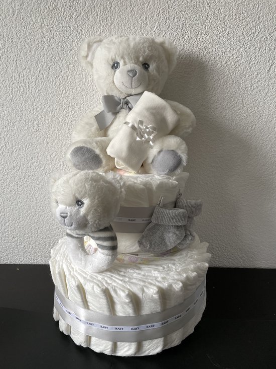 2-Laags Neutrale Luiertaart Wit/Grijs Beer Keeltoys van Geboortetaart.nl