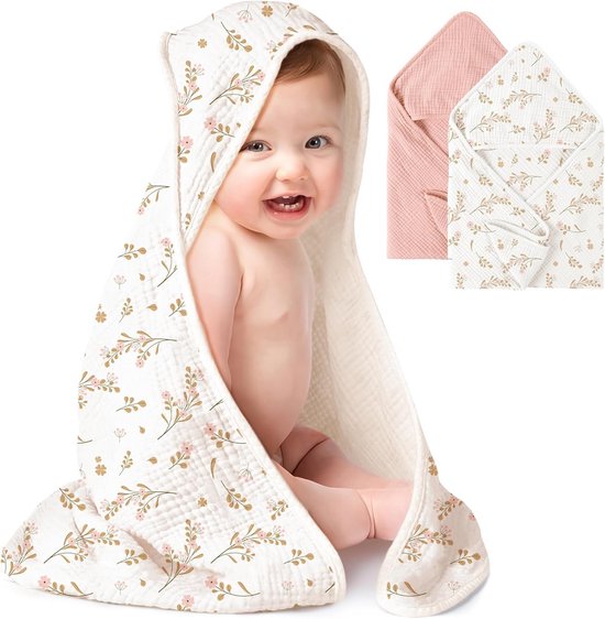 2-Pack Kruipdekens met Capuchon voor Baby - Zachte 100% Katoen Flanel - Ultra Absorberende Badstof Handdoek voor Pasgeboren Meisjes (Roze, Bloemen)