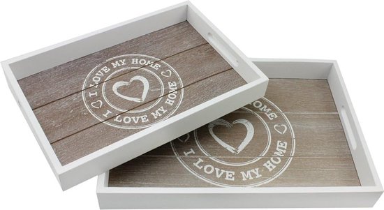 2-Piece Wooden Tray Set - Vintage Decorative Boards in 2 Sizes - White, Printed Serving Trays - Shabby Chic Decorative Bowls with Carry Handles (02 Pieces - I Love My Home) van ASTERIA DECOR.