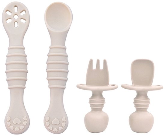 2 Setjes - Siliconen Baby Bestekset – 2 Sets Kinderbestek (Groot & Klein) – Peuterbestek - Babyservies - Ergonomische Greep – BPA-vrij – Crème – Vanaf 6 Maanden