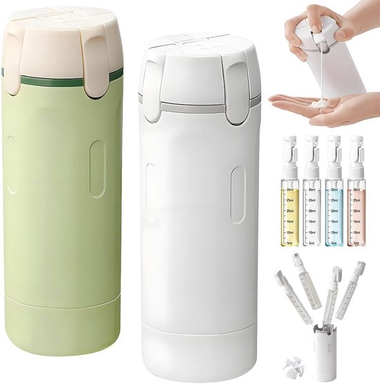2 stuks 4-in-1 reisdispenser, navulbare siliconen reisflessen, lekvrij, mini-shampoo-dispenser met schaal en etiket, draagbare reisdispenserflessen voor shampoo, lotion, conditioner