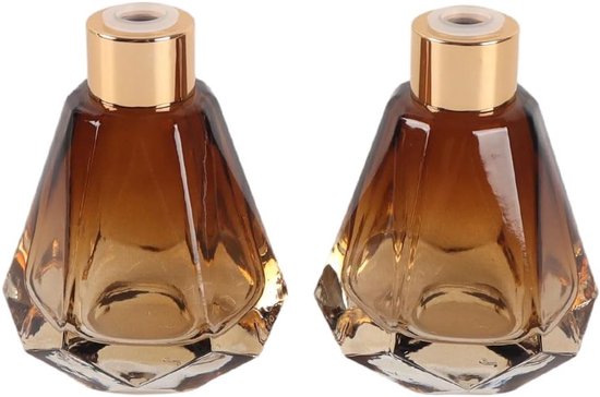 2 stuks 60 ml parfumflesjes van bruin glas met kleurverloop, gouden dop en diamantvormige voet, navulbare lege parfumflesjes voor op reis en cosmetische verpakkingen (8,8 cm hoog, 6,4 cm breed)