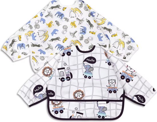 2 Stuks - Baby Slabbetjes met Mouwen - Safari Dieren en Olifantje Tijger - 0-2 jaar van Little Dreamers
