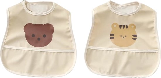 2 Stuks - Baby Slabbetjes met Opvangbak - Beer en Tijger - 0-2 jaar van Little Dutch