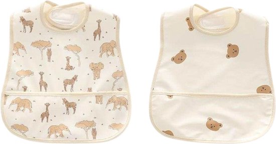 2 Stuks - Baby Slabbetjes met Opvangbak - Safari Dieren en Beertjes - 0-2 jaar van Bibetta