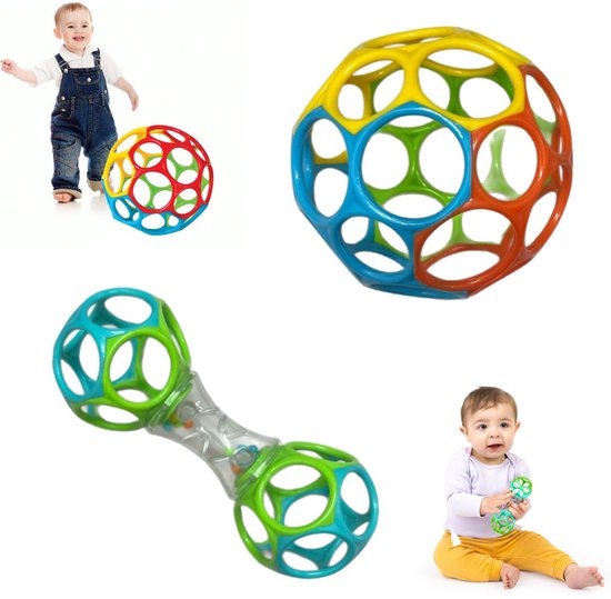 2 stuks babyspeelgoed met bal en rammelaar, klassieke bal met gemakkelijke grip, zachte sensorische rammelaar voor baby's, Montessori-leerspeelgoed, babycadeau voor pasgeborenen en peuters, Blauw & Groen van Merkloos
