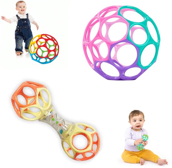 2 stuks babyspeelgoed met bal en rammelaar, klassieke bal met gemakkelijke grip, zachte sensorische rammelaar voor baby's, Montessori-leerspeelgoed, babycadeau voor pasgeborenen en peuters, Roze & Paars