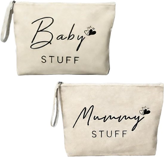 2 Stuks Beige Canvas Tassen Set voor Mama en Baby - Ideaal voor Kraamtas en Babyshower Cadeau