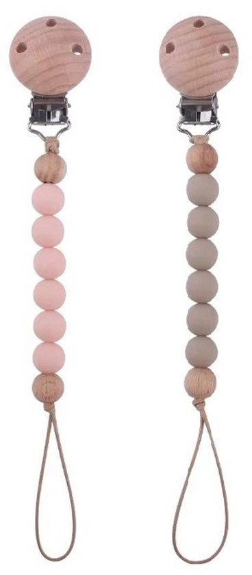 2 Stuks - Houten Speenkoord Baby - Siliconen Kralen - Roze en Beige/ Taupe van MumzJoy