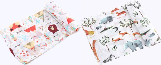 2 Stuks - Hydrofiele doek XL - 120x120 cm - Inbakerdoek - Tipi Tent Beer - Safari Dieren - Swaddle doek groot - Hydrofiele luier van Bloem en Ko