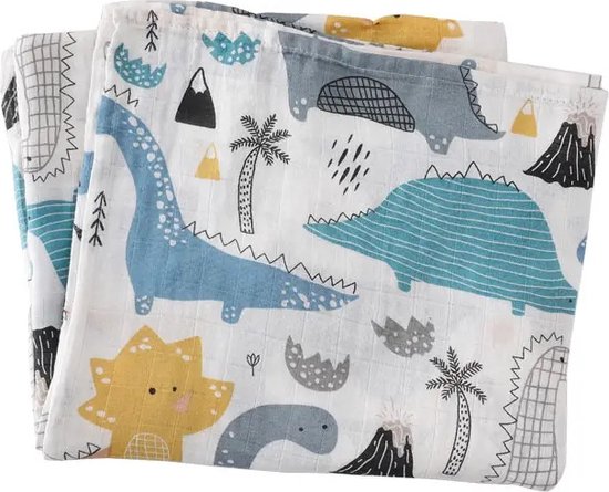 2 Stuks – Hydrofiele Doek XL – Dinosaurus – 120x120 cm – Baby Inbakerdoek