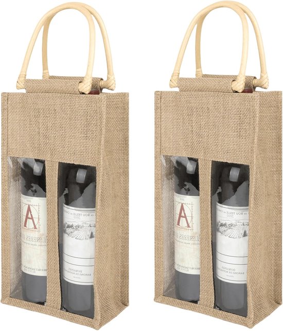 2 stuks jute wijnflessenzak: 17 x 10 x 33 cm wijndraagtas 4 flessen met kijkvenster, herbruikbare flessentas natuur, fles wijnzak met handgrepen voor bruiloft, verjaardag, feest