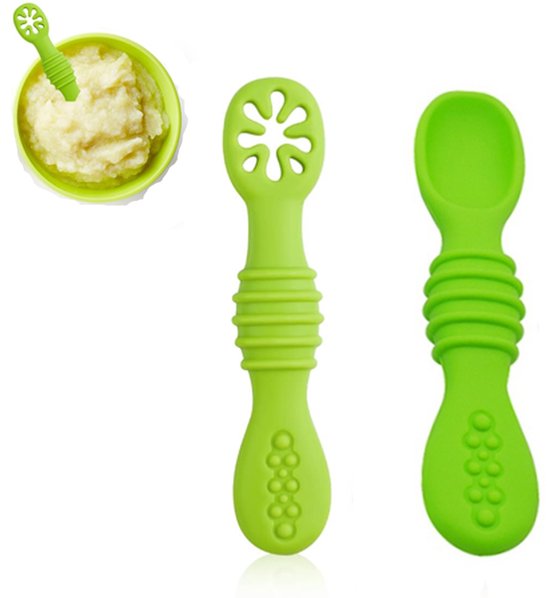 2 stuks Kinder Lepeltjes - kinderbestek - Baby Lepeltjes - Bestek Lepel - Siliconen Lepel - lepel - babybestek - kinderlepel - kinderbestek - Zachte lepel - Groen van Merkloos
